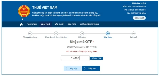 Hệ thống hiển thị màn hình nhập mã OTP