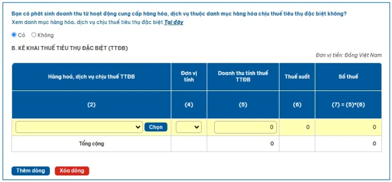 Bảng kê khai thuế TTĐB