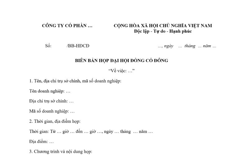 Mẫu Biên bản họp Đại hội đồng cổ đông 1 Mẫu Biên bản họp Đại hội đồng cổ đông