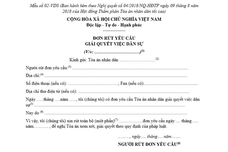 Mẫu Đơn rút yêu cầu giải quyết việc dân sự (Mẫu số 02-VDS) 1 Mẫu Đơn rút yêu cầu giải quyết việc dân sự (Mẫu số 02-VDS)