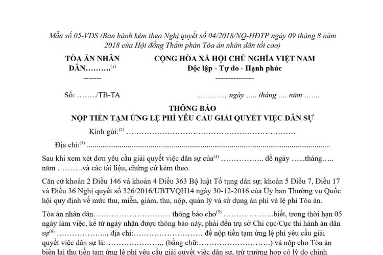 Mẫu Thông báo nộp tiền tạm ứng lệ phí yêu cầu giải quyết việc dân sự (Mẫu số 05-VDS)