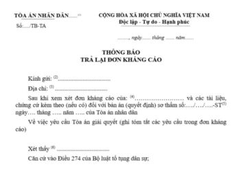 Mẫu Thông báo trả lại đơn kháng cáo (Mẫu số 58-DS)