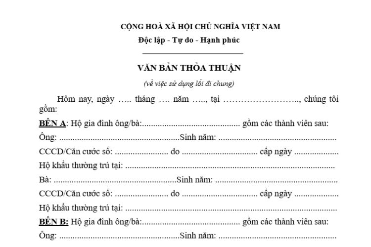 Mẫu Văn bản thỏa thuận lối đi chung