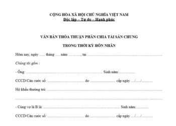 Mẫu Văn bản thỏa thuận phân chia tài sản chung của vợ chồng khi ly hôn