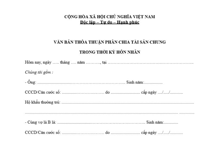 Mẫu Văn bản thỏa thuận phân chia tài sản chung của vợ chồng khi ly hôn