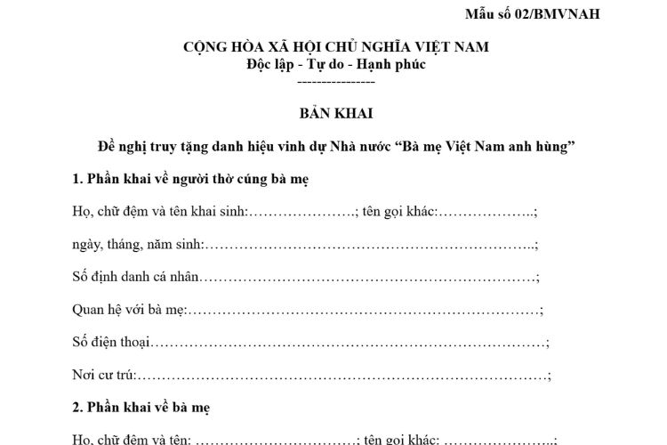 Bản khai đề nghị truy tặng danh hiệu vinh dự Nhà nước "Bà mẹ Việt Nam anh hùng"