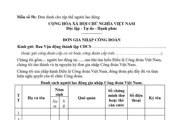 Mẫu Đơn gia nhập công đoàn dành cho tập thể người lao động
