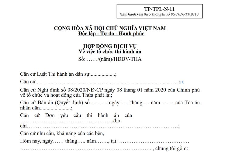 Mẫu Hợp đồng dịch vụ về việc tổ chức thi hành án