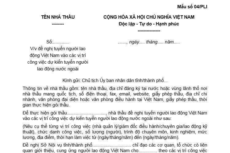 Công văn về việc đề nghị tuyển người lao động Việt Nam vào các vị trí công việc dự kiến tuyển người lao động nước ngoài