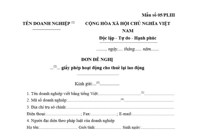 Đơn đề nghị cấp giấy phép hoạt động cho thuê lại lao động (Mẫu số 05/PLIII)