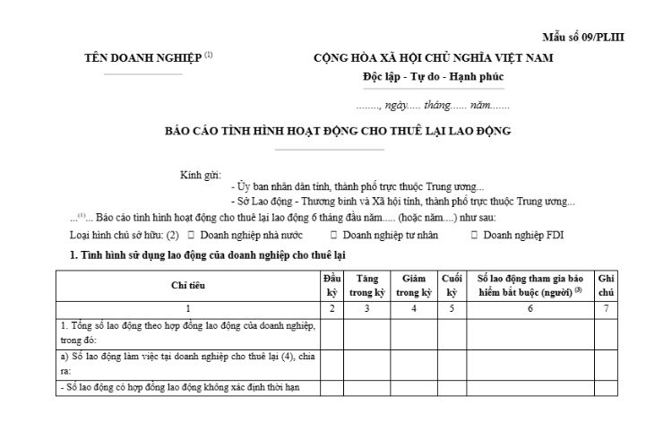 Mẫu Báo cáo tình hình hoạt động cho thuê lại lao động (Mẫu số 09/PLIII)