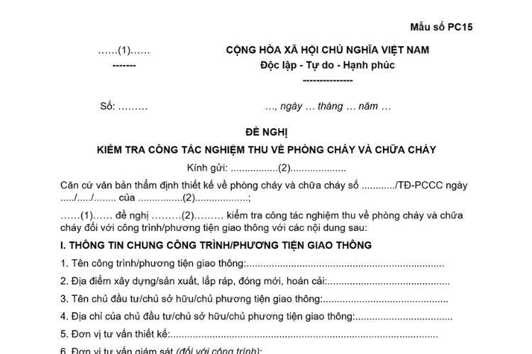 Mẫu Đề nghị kiểm tra công tác nghiệm thu về phòng cháy và chữa cháy 1 Mẫu Đề nghị kiểm tra công tác nghiệm thu về phòng cháy và chữa cháy