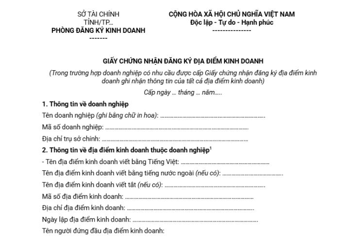 Mẫu Giấy chứng nhận đăng ký địa điểm kinh doanh 1 Mẫu Giấy chứng nhận đăng ký địa điểm kinh doanh