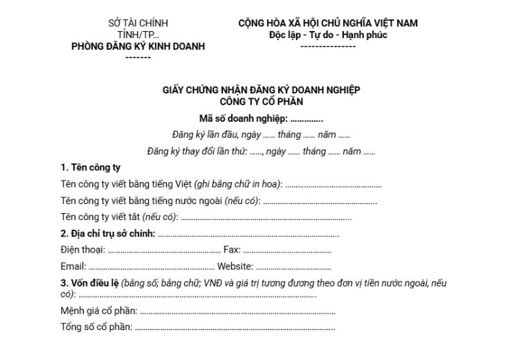 Mẫu Giấy chứng nhận đăng ký doanh nghiệp công ty cổ phần 1 Mẫu Giấy chứng nhận đăng ký doanh nghiệp công ty cổ phần