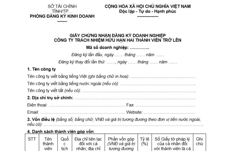 Mẫu Giấy chứng nhận đăng ký doanh nghiệp công ty TNHH hai thành viên trở lên 1 Mẫu Giấy chứng nhận đăng ký doanh nghiệp công ty TNHH hai thành viên trở lên