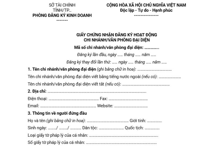 Mẫu Giấy chứng nhận đăng ký hoạt động chi nhánh/văn phòng đại diện 1 Mẫu Giấy chứng nhận đăng ký hoạt động chi nhánh/văn phòng đại diện