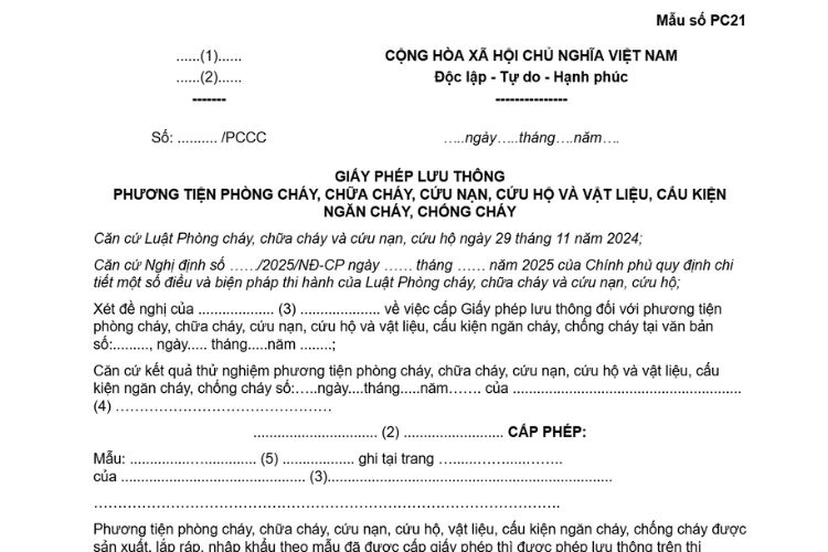 Mẫu Giấy phép lưu thông phương tiện phòng cháy, chữa cháy, cứu nạn, cứu hộ và vật liệu, cấu kiện ngăn cháy, chống cháy 1 Mẫu Giấy phép lưu thông phương tiện phòng cháy, chữa cháy, cứu nạn, cứu hộ và vật liệu, cấu kiện ngăn cháy, chống cháy