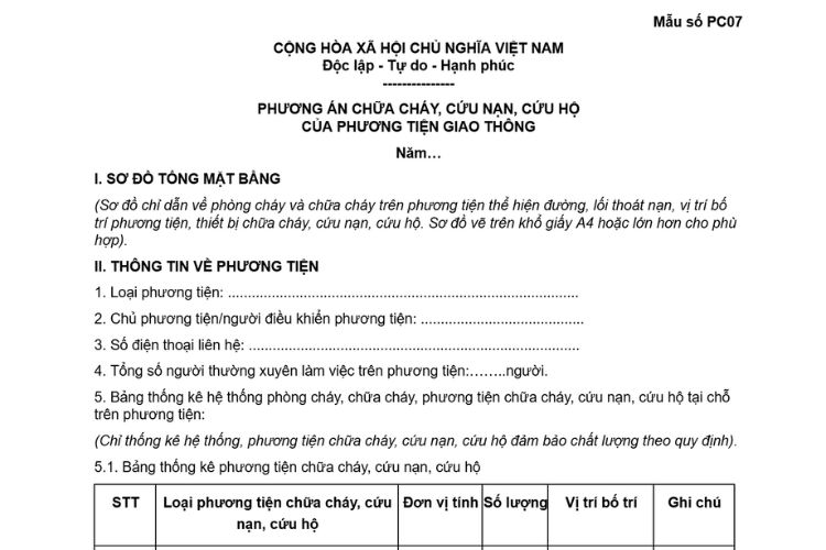 Mẫu Phương án chữa cháy, cứu nạn, cứu hộ của phương tiện giao thông 1 Mẫu Phương án chữa cháy, cứu nạn, cứu hộ của phương tiện giao thông