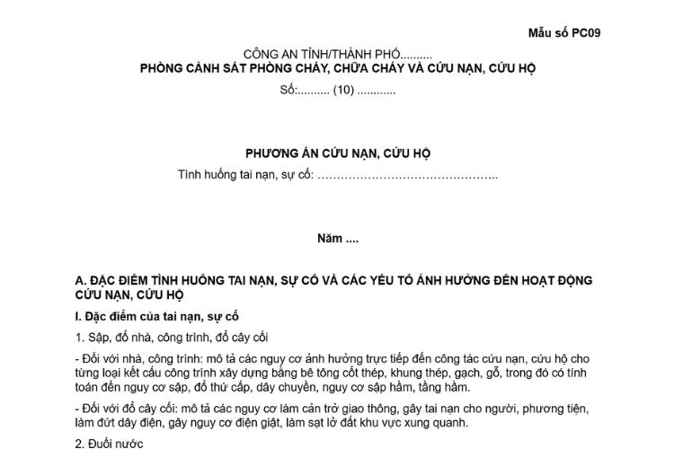 Mẫu Phương án cứu nạn, cứu hộ của cơ quan Công an