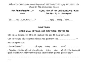 Mẫu Quyết định công nhận kết quả hòa giải thành tại Tòa án