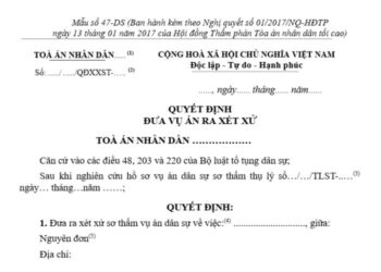 Mẫu Quyết định đưa vụ án ra xét xử sơ thẩm trong tố tụng dân sự