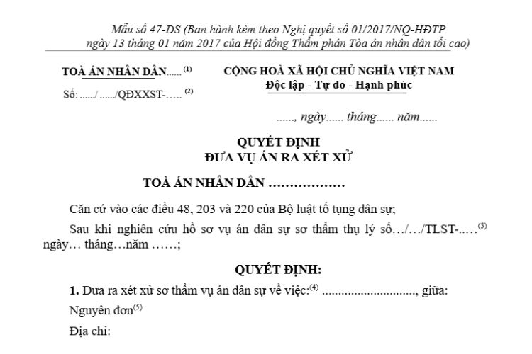 Mẫu Quyết định đưa vụ án ra xét xử sơ thẩm trong tố tụng dân sự