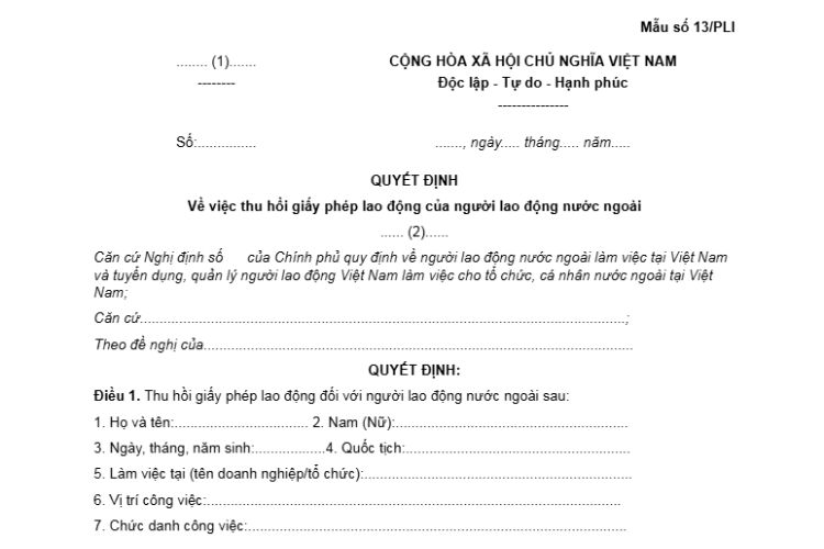 Mẫu Quyết định về việc thu hồi giấy phép lao động của người lao động nước ngoài 1 Mẫu Quyết định về việc thu hồi giấy phép lao động của người lao động nước ngoài