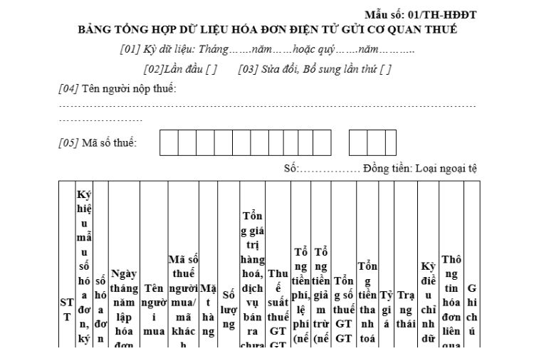 Mẫu số 01/TH-HĐĐT | Bảng tổng hợp dữ liệu hóa đơn điện tử