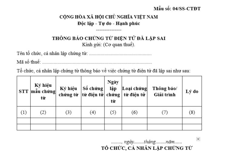 Mẫu số 04/SS-CTĐT | Thông báo chứng từ điện tử đã lập sai