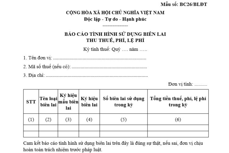 Mẫu số BC26/BLĐT | Báo cáo tình hình sử dụng biên lai điện tử thu thuế, phí, lệ phí