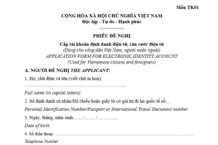 Phiếu đề nghị cấp tài khoản định danh điện tử, căn cước điện tử (Mẫu TK01)