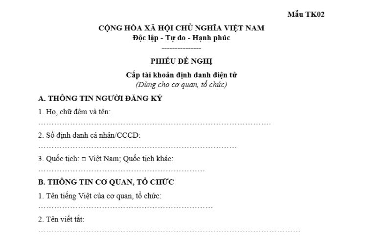 Phiếu đề nghị cấp tài khoản định danh điện tử (Mẫu TK02)
