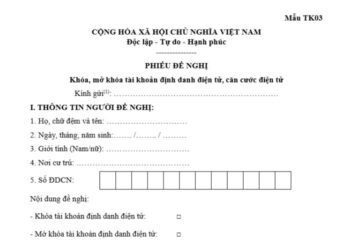 Phiếu đề nghị khóa, mở khóa tài khoản định danh điện tử, căn cước điện tử (Mẫu TK03)