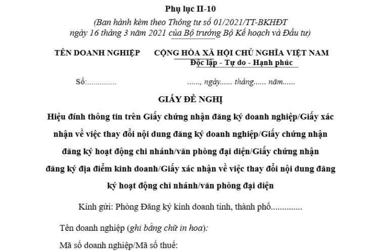 Phụ lục II-10 | Giấy đề nghị hiệu đính thông tin