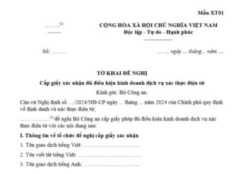 Tờ khai đề nghị cấp giấy xác nhận đủ điều kiện kinh doanh dịch vụ xác thực điện tử (Mẫu XT01)