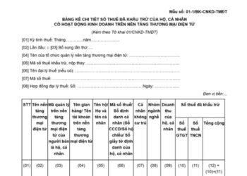 Bảng kê chi tiết số thuế đã khấu trừ của hộ, cá nhân có hoạt động kinh doanh trên nền tảng thương mại điện tử (Mẫu số 01-1/BK-CNKD-TMĐT) 3 Bảng kê chi tiết số thuế đã khấu trừ của hộ, cá nhân có hoạt động kinh doanh trên nền tảng thương mại điện tử (Mẫu số 01-1/BK-CNKD-TMĐT)