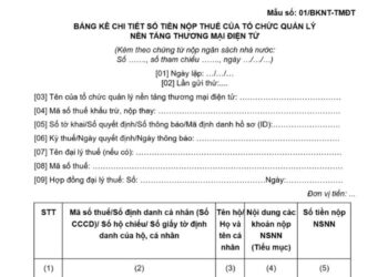 Bảng kê chi tiết số tiền nộp thuế của tổ chức quản lý nền tảng thương mại điện tử (Mẫu số 01/BKNT-TMĐT) 2 Bảng kê chi tiết số tiền nộp thuế của tổ chức quản lý nền tảng thương mại điện tử (Mẫu số 01/BKNT-TMĐT)