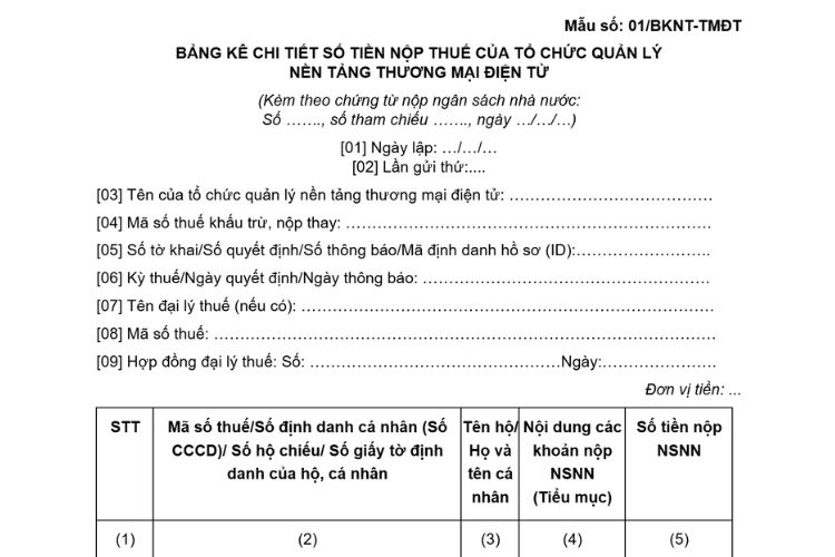 Bảng kê chi tiết số tiền nộp thuế của tổ chức quản lý nền tảng thương mại điện tử (Mẫu số 01/BKNT-TMĐT)