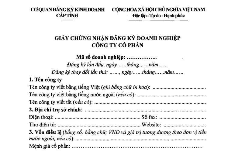 Mẫu Giấy chứng nhận đăng ký doanh nghiệp Công ty cổ phần 1 Mẫu Giấy chứng nhận đăng ký doanh nghiệp Công ty cổ phần