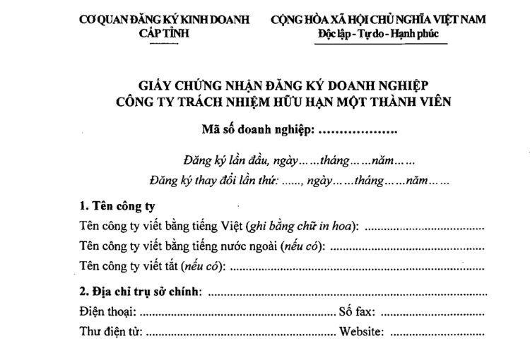 Mẫu Giấy chứng nhận đăng ký doanh nghiệp Công ty TNHH một thành viên