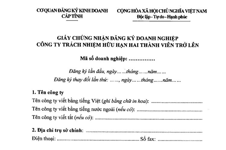 Mẫu Giấy chứng nhận đăng ký doanh nghiệp Công ty TNHH hai thành viên trở lên 1 Mẫu Giấy chứng nhận đăng ký doanh nghiệp Công ty TNHH hai thành viên trở lên