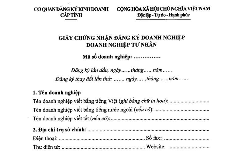 Mẫu Giấy chứng nhận đăng ký doanh nghiệp Doanh nghiệp tư nhân 1 Mẫu Giấy chứng nhận đăng ký doanh nghiệp Doanh nghiệp tư nhân