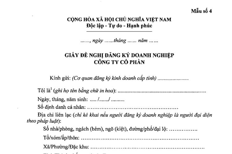 Mẫu số 4 | Giấy đề nghị đăng ký doanh nghiệp Công ty cổ phần 1 Giấy đề nghị đăng ký doanh nghiệp Công ty cổ phần