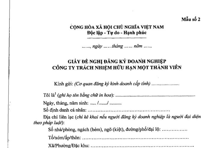 Giấy đề nghị đăng ký doanh nghiệp công ty TNHH một thành viên (Mẫu số 2) 1 Giấy đề nghị đăng ký doanh nghiệp công ty TNHH một thành viên