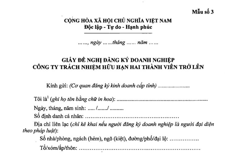 Mẫu số 3 | Giấy đề nghị đăng ký doanh nghiệp công ty TNHH hai thành viên trở lên 1 Giấy đề nghị đăng ký doanh nghiệp công ty TNHH hai thành viên trở lên