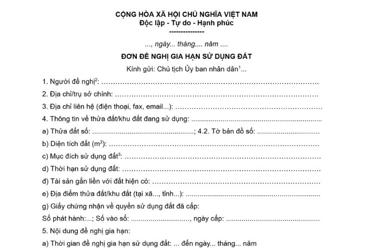 Mẫu Đơn đề nghị gia hạn sử dụng đất mới nhất 1 Mẫu Đơn đề nghị gia hạn sử dụng đất mới nhất
