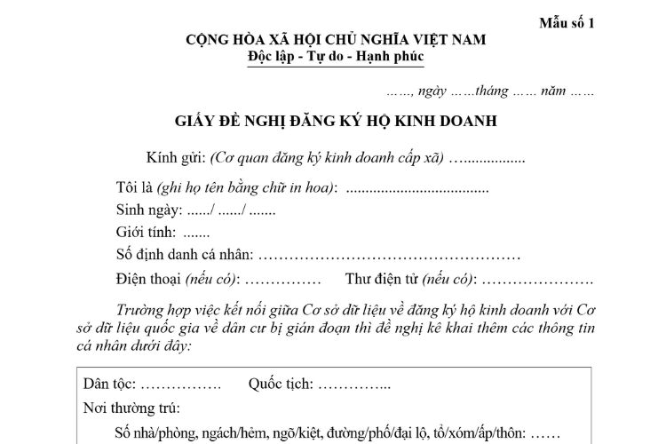 Mẫu Giấy đề nghị đăng ký hộ kinh doanh mới nhất 2025 1 Mẫu Giấy đề nghị đăng ký hộ kinh doanh mới nhất