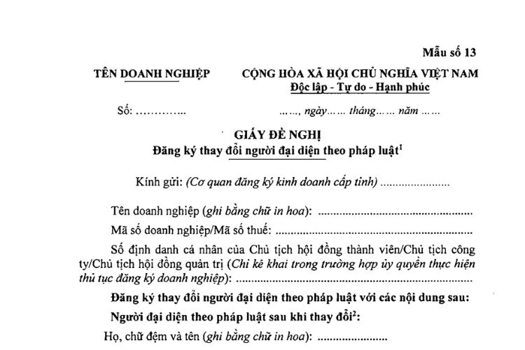 Giấy đề nghị đăng ký thay đổi người đại diện theo pháp luật (Mẫu số 13) 1 Giấy đề nghị đăng ký thay đổi người đại diện theo pháp luật