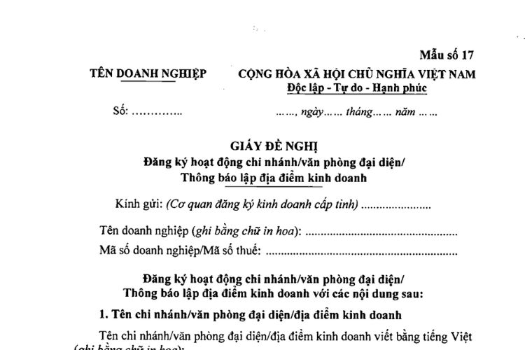 Giấy đề nghị đăng ký thông báo lập địa điểm kinh doanh (Mẫu số 17) 1 Giấy đề nghị đăng ký thông báo lập địa điểm kinh doanh
