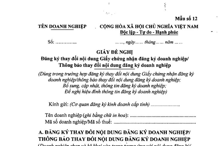 Giấy đề nghị thông báo thay đổi nội dung đăng ký doanh nghiệp (Mẫu số 12) 1 Giấy đề nghị thông báo thay đổi nội dung đăng ký doanh nghiệp